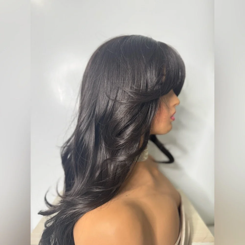 Long Black Layered Synthetic Wig – Natural Jet Black, Curtain Bangs
